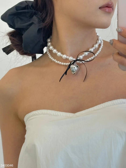 Bold Pearl Ribbon Heart Necklace